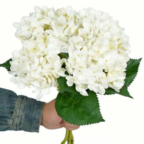 YELIKIT Hydrangea Flowers White Silk Artificial Flowers Plants Realistic Touch Bridal Wedding Bouquets for Flower Decoration Home Garden Party Office Decoration Pack of 4