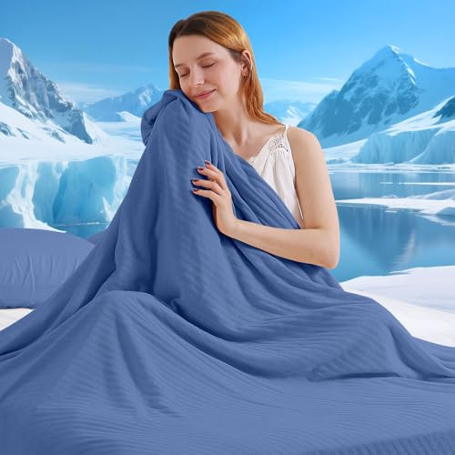 Marchpower kylfilt 200 x 150 cm, gosig filt, fluffig sommarfilt, mjuk sofffilt, 2-i-1 dubbelsidig överkast, filtar alla årstider, soffa filt, filt för soffa, resefilt, blå | Dubbelsidiga sommarfiltar för de som sover varmt, andningsbara Chenille coolt överkast, perfekt för nattsvett