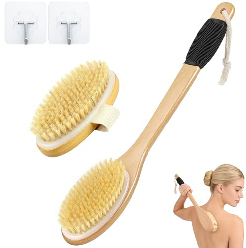 Ryggborste, torrborste med långt handtag, 2 stycken, kroppsborste, naturborst, badborste av trä, torr borste, halkfri duschborste, ryggstöd, tvätthjälp, body skrubber för peeling celluliter och