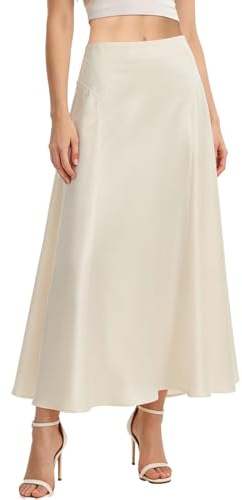 HOTIAN Jupe longue élégante en satin pour femme - Taille haute - Ligne A - Couleur unie - Jupe midi d'été - Jupe d'affaires - Jupe de fête, beige, XL