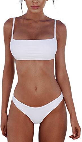 meioro Bikini Sets für Damen Push Up Tanga mit niedriger Taille Badeanzug Bikini Set Badebekleidung Beachwear (S,Weiß)