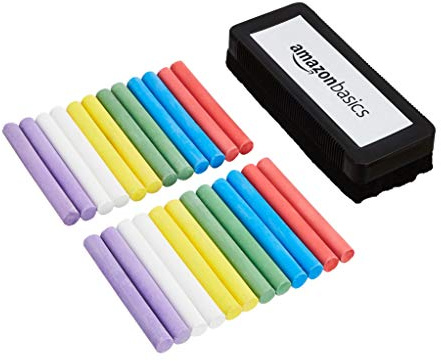 Amazon Basics Dustless Colored Chalk with Eraser, Assorted Colors, Chalkboard Writing Art Tool Set, Erasable, 24 Count