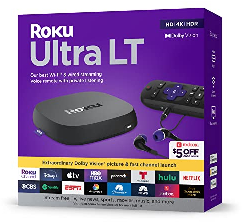 Roku Lettore streaming Ultra LT (2023) HD/4K/HDR Dolby Vision Quad-Core con cavo HDMI, cuffie, telecomando vocale con ascolto privato, Ethernet