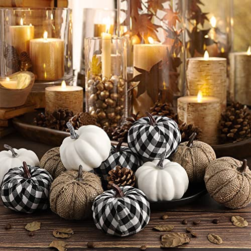 Benjia Autunno Zucca da Decorazioni Autunnali da Esterno, Grandi e Mini Zucche Ornamentali Halloween (in tessuto scozzese bianco nero, 12 pezzi)