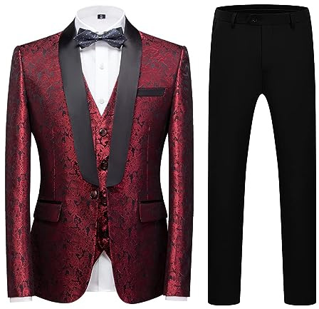 KUDORO Abito da Uomo 3 Pezzi Paisley Slim Fit Abito Abiti da Sposa Abito da Smoking Blazer Gilet Pantaloni(Rosso,M)