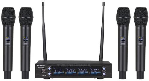 BOMGE 4 Channel Wireless Microphone System UHF Wireless Dynamic Microphone Set Auto Connect All-Metal Design for Karaoke Meeting Party Church DJ