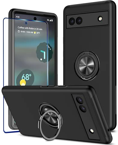 KRAFTCARE Hülle für Google Pixel 6A mit 1 Pack Panzerglas Schutzfolie, Handyhülle mit Eingebetteter 360° Grad Ring, Magnetische Schutzhülle Stoßfest Cover Case für Google Pixel 6A,Schwarz