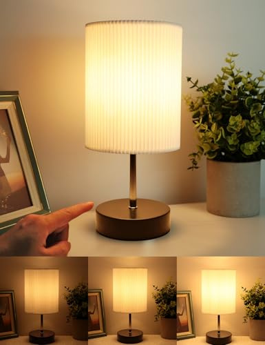 Bedside Lamps, Touch Lamp with 3D Pleated Fabric Shade, Black Base | HSLighting Touch Table Lamp for Bedroom, 3-Way Dim, 2700K Warm Light, Metal Base, Incl. Bulb for Bedside Table Living Room