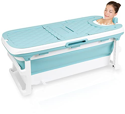 Fiqops Faltbare Badewanne Erwachsene XXL, 149x60x50cm klappbare mobile Badewanne mit Abdeckung Klappbadewanne Erwachsener foldable bathtub mit Korb für Badezimmer, Dusche und Balkon