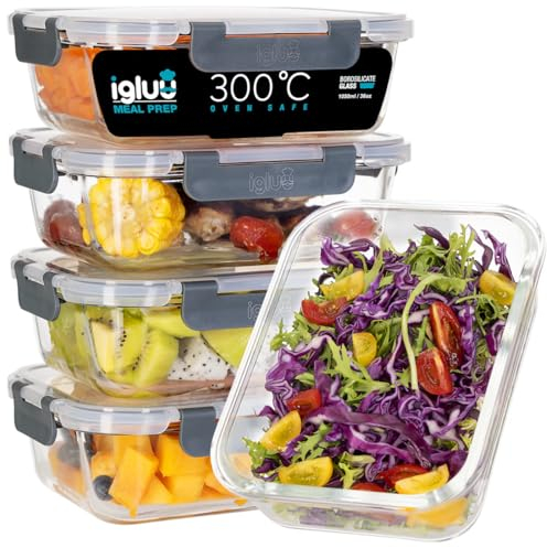 Igluu Meal Prep Glass Containers with Lids (5 Pack) – Airtight & BPA-Free – Oven, Microwave, Freezer and Dishwasher Safe – 1050ml – Durable Borosilicate Glass