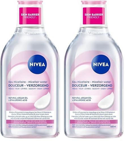NIVEA Eau Micellaire DOUCEUR Peaux Sèches et Sensibles (1 x 400 ml), démaquillant enrichi aux micelles et acides animés sans parfum, nettoyant visage yeux & lèvres (Lot de 2)