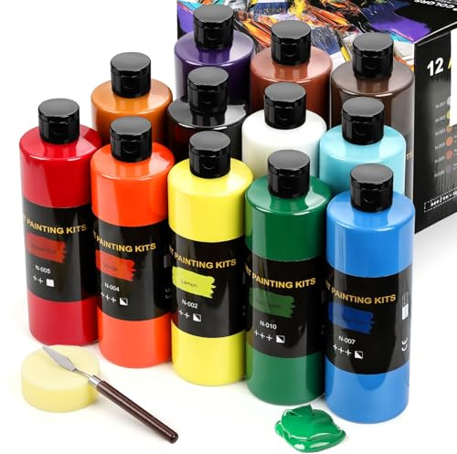 TMOL 12 Colors Acrylic Paint Set (500 ml/16.9 oz Large Bottles), Non-Toxic for Kids & Adults, Acrylic Paint Bulk on Wood, Glass, Ceramic, Art Painting Supplies with Palette Knife & Art Sponge