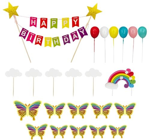 Tortendekoration Geburtstag, Packung mit 23 Tortenaufleger, Tortendekoration Geburtstag Set inklusive Regenbogen, Ballon, Stern, Schmetterling, Happy Birthday, Wolke für Geburtstagsfeier(FARBE:bunt)
