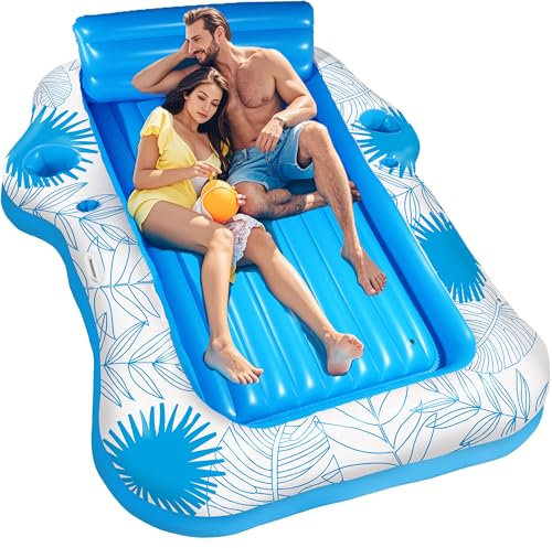 Inflatable Pool Lounger Float for Adults - 70 x 60 JIANYHW X-Large Beach Sun Tan Tub Pool Lounge Raft Sunbathing Pool Floaties with 2 Food/Drink Holder, Blow Up Tanning Pool Bed Floating Mat