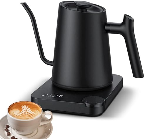 1 200 W elektrisk vattenkokare med svanhals, 0,9 l med temperaturkontroll, tryckgryta i rostfritt stål för att hälla över kaffe/te/kokande vatten, inkl, svart, Prise UE