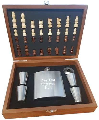 Personalised Engraved 6oz Silver Hip Flask in Wooden Chess Set Box with 4 Cups & Funnel