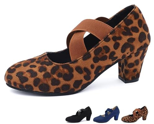 Tacones altos casuales con correa cruzada para mujer, tacones de bloque medio Mary Jane con correa al tobillo, zapatos de corte para mujer, zapatos de trabajo de apoyo cómodo, leopardo, 39.5 EU