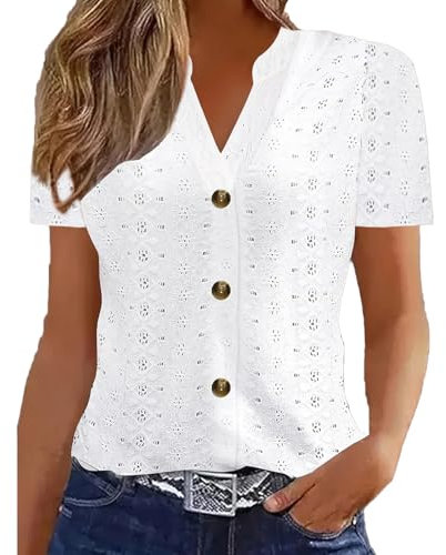 Womens Tops UK Sale, Causal Breathable V Neck Short Sleeve Blouses Elegant Eyelet Embroidery T-Shirt Women's Summer Tops Comfort Button Down Going Out Top Slimming Fit Top Vintage Tshirts