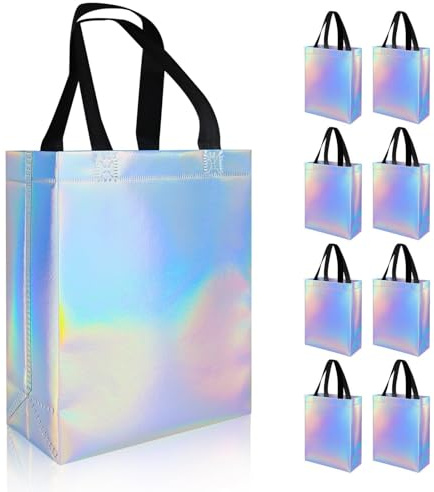 8 Pcs Glossy Rainbow Party Bags - Reusable Luxury Gift Bags with Sturdy Handles & Base,Non-Woven Iridescent Bridesmaid Wedding Gift Bag, for Wedding Easter Holiday Party Christmas Favor Grocery