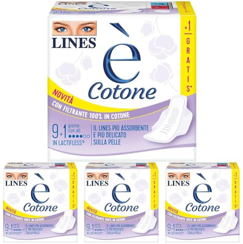 LINES E' COTONE GIORNO con ali, pacco da 40 assorbenti per il ciclo mestruale, con struttura in Lactifless, Il LINES assorbente con Filtrante in cotone, delicato sulla pelle
