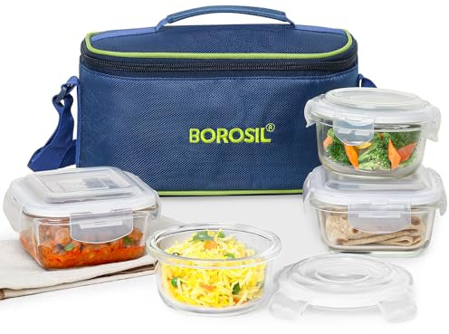 Borosil Glass Universal Lunch Box Set of 4, (2pcs 320 ml sqr + 2pcs 240 ml Rnd) Microwave Safe Office Tiffin