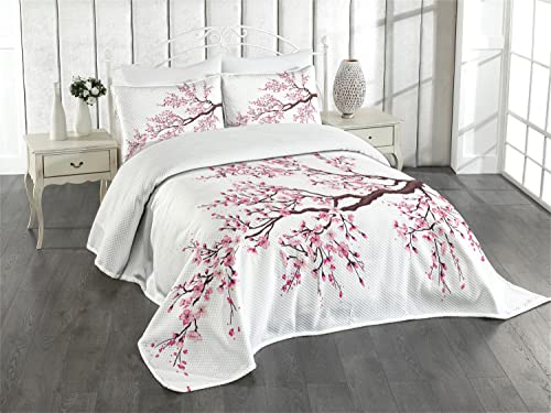 ABAKUHAUS japanisch Tagesdecke Set, Sakura Zweig Blüten, Set mit Kissenbezügen Kein verblassen, für Doppelbetten 220 x 220 cm, Rosa Dunkelbraun