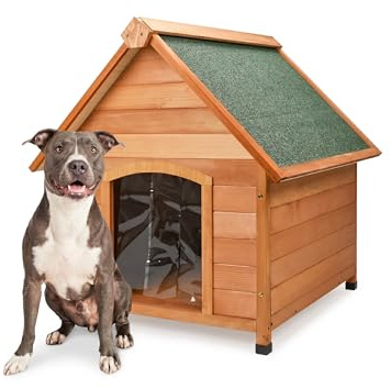 AQPET Cuccia per Cani in Legno M da Esterno con Tetto Spiovente Impermeabile e Tenda Termica, Casetta Cane Isolata per Interno ed Esterno, Resistente alle Intemperie, 87x116x96h cm