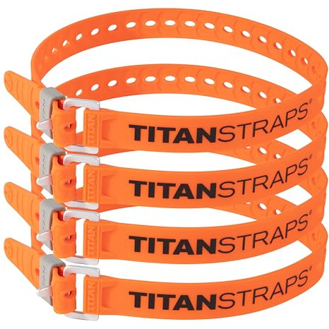 Titan Utility Straps – Easy-To-Use, Reliable Tension Straps for Securing Bike & Moto Gear, Skis, Garden Hoses, Field Repair – Use in Frigid Temp – 60 lb.Working Load, 25 Length, Safety Orange, 4-Pack