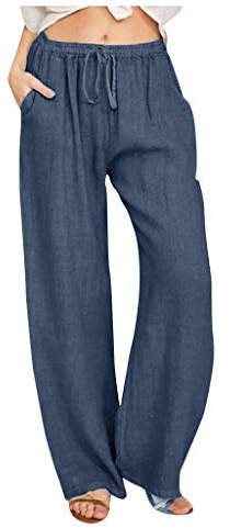 Pantalon décontracté Taille Haute Jambes Larges en Coton et Chanvre pour Femmes avec Cordon de Serrage, Pantalon Droit régulier Pyjama