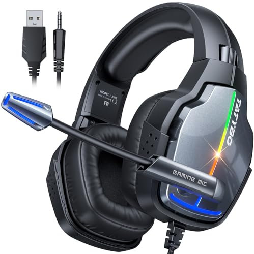 Tatybo Cascos Gaming para Ps5 Ps4 PC, Auriculares Gaming con Micrófono de Cancelación de Ruido Sonido EstéReo 3D 50 mm Drivers, 90° Orejeras Giratorias para Switch Xbox Teléfono PortáTil
