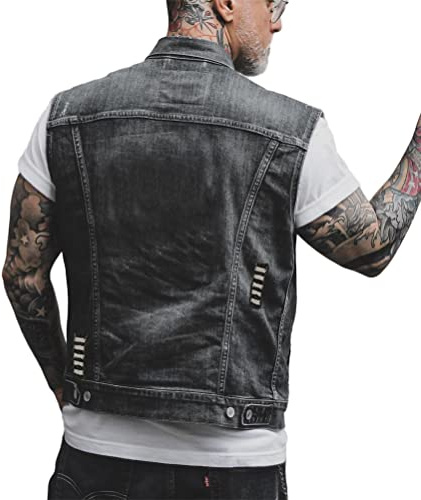 ORANDESIGNE Chaleco de Mezclilla de Hombre Chaqueta Sin Mangas Chaleco con Estampado de Calavera Punk Chaleco Vaquero Lavado Chaqueta Corta de Moto P Negro L