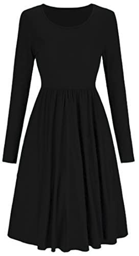 Long Sleeve Plus Size Flared midi Dress for Women UK Ladies Plain Skater Swing Frankie Swing Dress Black