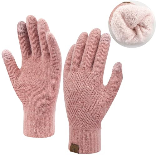 Damen Winter Warm Touchscreen Handschuhe Thermo Gestrickte Winterhandschuhe Doppellagige Strickhandschuhe mit Fleece Gefütterte Frauen Geschenk, Rosa