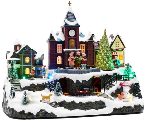 Valery Madelyn Christmas Village Decorations, Battery Operated Musical House, LED Lights Dynamic Trains Winter Scenes Figurine Retro Choir Town Gift for Christmas Decoration, 10.8 Inch
