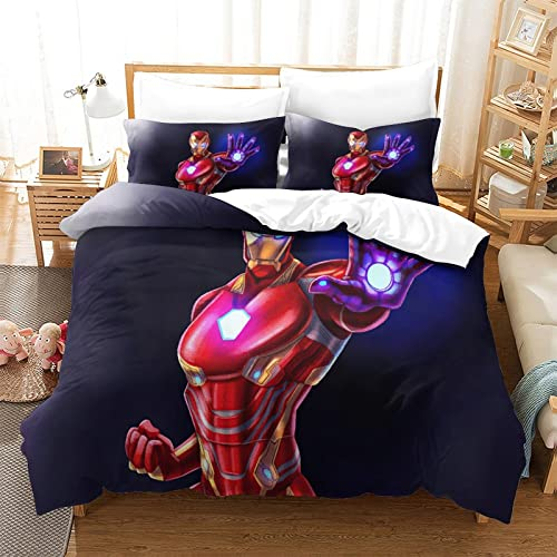 Gerrit Bedding Double Bed Set Iron Man Printed Double Size Bedding Sets Super Soft Microfiber Duvet Covers with Zipper with Pillowcases Hypoallergenic for Kids Teenagers Adult Aged Bedding