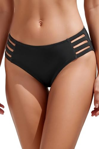 Zmart Women Strappy Bikini Bottoms Full Coverage Bathing Suit Swim Low Rise Cutout Swimsuit Bottom Black M