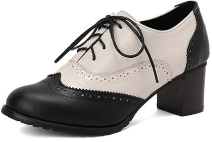 PIVAPAM Damen-Oxford-Schuhe, Vintage-Stil, hohe Absätze, Schnürung, Flügelspitze, zweifarbig, perforiert, Sattel-Pumps, Schwarzes PU., 39 EU