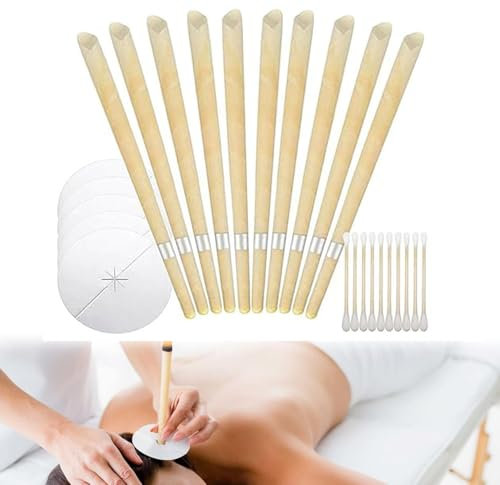10PCS Ear Candles, Natural Beeswax Ear Candles for Ear Cleaning, Ear Candles Kit with 5 Protective Discs and 10 PCS Cotton Swabs