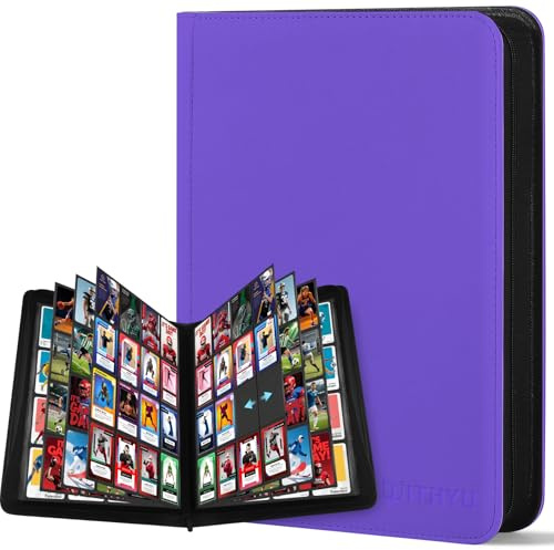 WITHYU Album da Collezione per Carte 16 Tasche, Capacità 1024 Carte - Portacarte Impermeabile Caricamento Laterale con Zip per TCG, Calcio & Collezioni, Portatile (Viola)