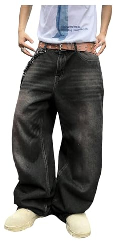 GORGLITTER Baggy Jeans for Men UK Mid Rise Wide Leg Vintage Streetwear Hip Pop Denim Pants with Pocket Black X-Large