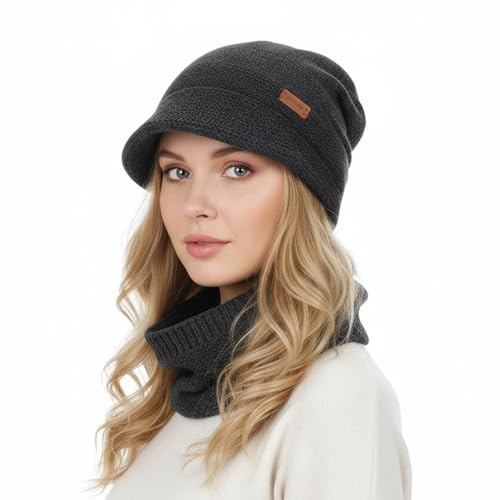 Qwrqwr Berretto invernale da donna con sciarpa, set di cappelli da donna, copricapo, ultra morbido, fodera interna per estremo freddo, autunno e venti, Nero , Taglia unica
