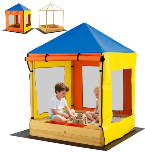 Costzon Kids Wooden Sandbox with Canopy, Outdoor Fir Wood Playhouse with Bottom Liner, Roll-up Door Curtains, Bench Seats & Storage Space, Sand Playground for Garden Backyard (Yellow&Blue)