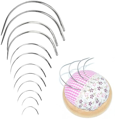 Agujas de Coser con Hilo, 12 Piezas, Aguja Curva Tapiceria C Tipo, 6 Tamaños Agujas Curvas, para Coser, Peluca, Extensiones, Agujas, Cuero, Agujas de Costura, Finas, para Reparación de Cuero