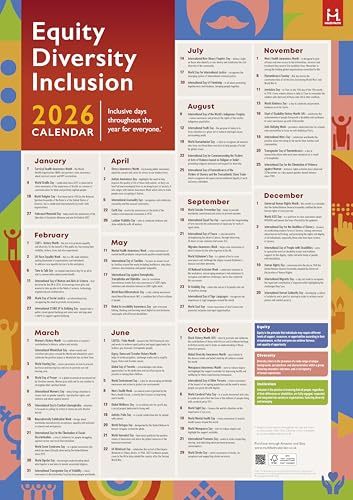 Equity Diversity Inclusion (EDI) Calendar 2026. A2 poster. Inclusive days and months throughout the year for everyone.