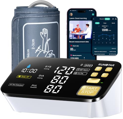 RunStar Tensiómetro de brazo Detecta Fibrilación Auricular inteligente app para iOS y Android, Pantalla LED de 6,5 pulgadas, 2 Usarios