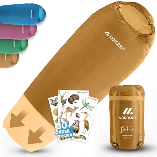 NORDMUT® Schlafsack Kinder mitwachsend für zuverlässigen Kälteschutz – Kinderschlafsack aus schadstofffreien Materialien – 3-Jahreszeiten Kinderschlafsack (200 GSM) für Outdoor Abenteuer (Ocker)
