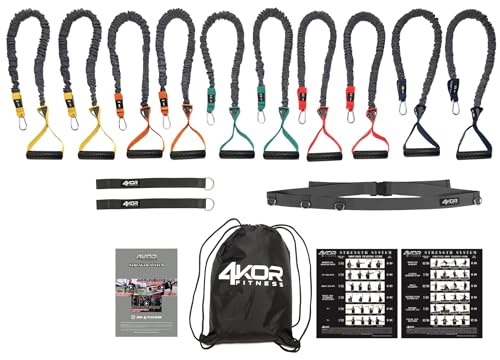 4KOR Cross Anchor Shoulder Performance Training System. Resistance Cords with Handles and Dynamic Workout Guide. Exercise Bands with Nylon Sleeves, Rubber Grips, and Carry Bag for Rehab and Strength