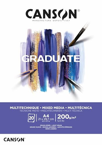 Canson Graduate Mixed Media bianco,album da disegno collato lato corto,A4,20 fogli,grana leggera,200g/m