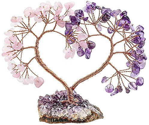 Nupuyai Amethyst & Rose Quartz Crystal Tree with Amethyst Cluster Base, Love Heart Money Tree Figurines Fengshui Ornament for Home Office Wedding Decoration