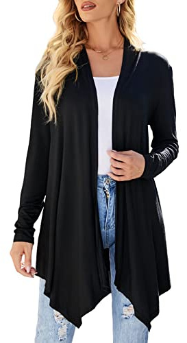Uvog Plus Size Cardigan Black Sweater for Women Long Drapped Open Front Irregular Kimono Cardigans 2X